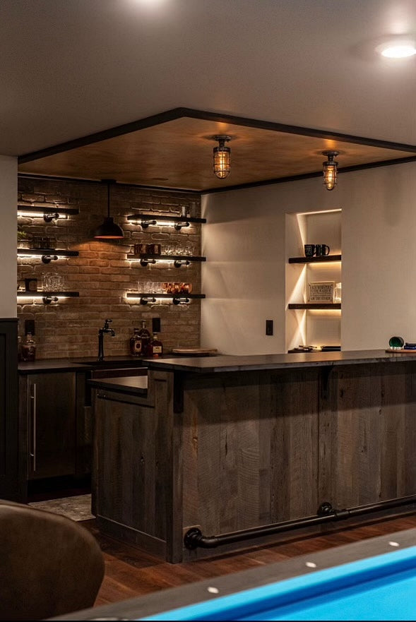 rustic basement bar lighting