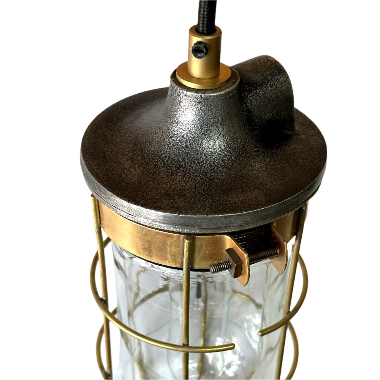 industrial pendant light with brass wire cage 