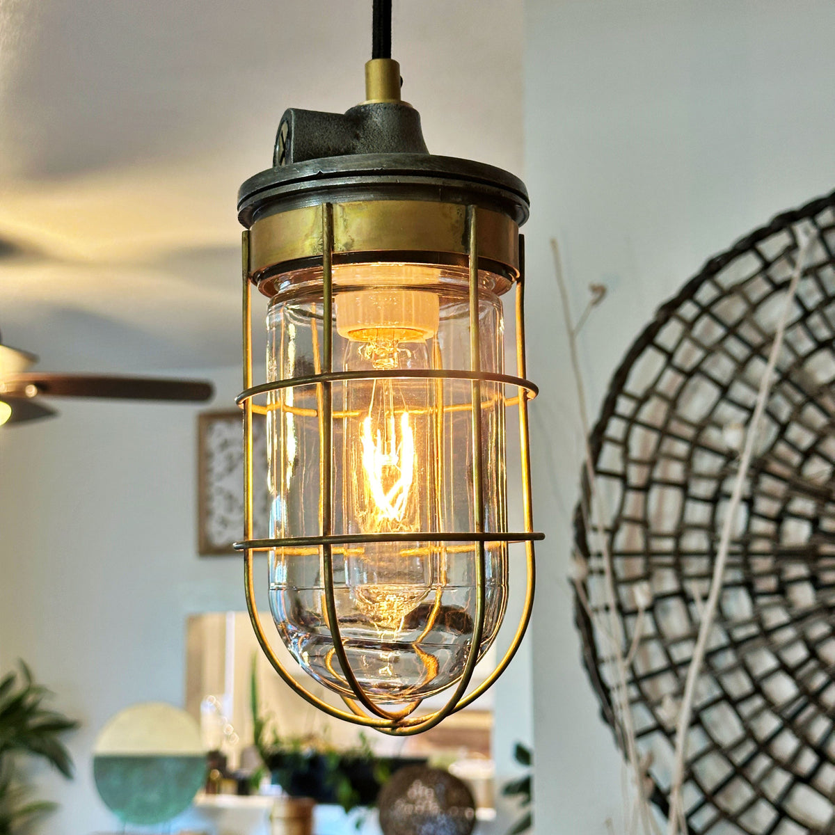 Antique Brass Wire Cage Pendant Light