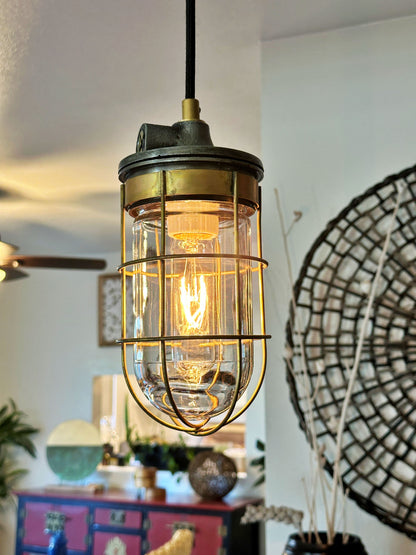 Antique-Style Brass Wire Cage Pendant Lamp - Cloth Cord