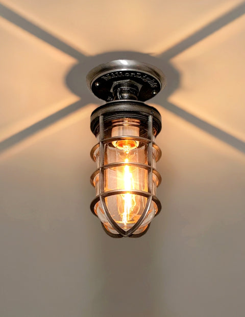 Industrial Cage Ceiling Light with caged clear glass globe