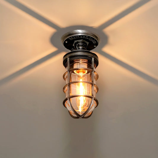 Industrial Cage Ceiling Light with caged clear glass globe