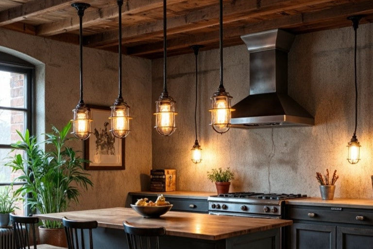 industrial ceiling pendant lights over kitchen island rustic home