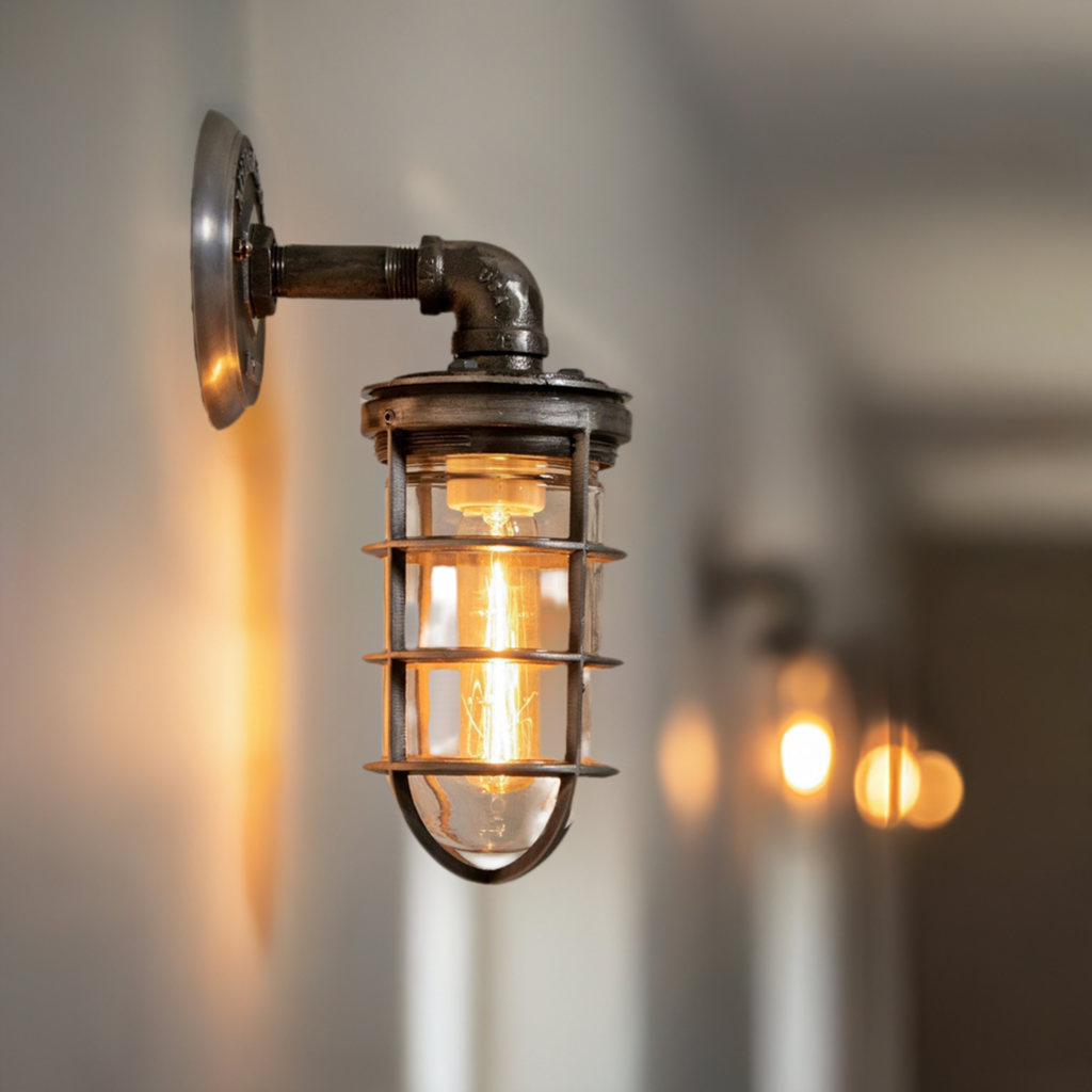 passageway hallway industrial wall sconce with cage jelly jar 