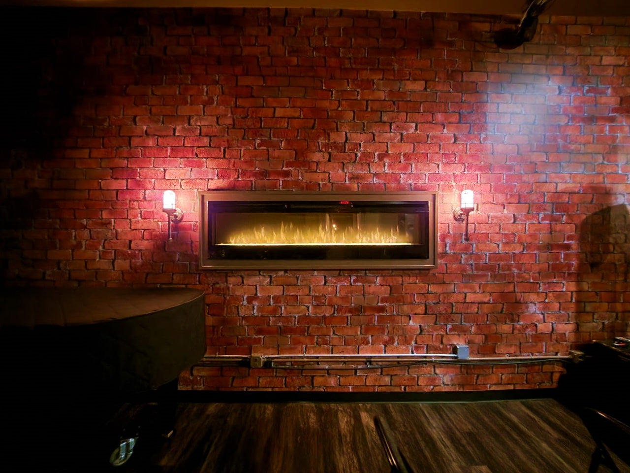 fire mantle brick wall amient sconce lighting