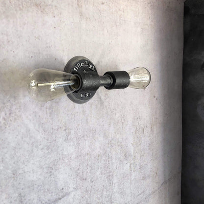 Minimalist Industrial Exposed Bulb, 2 light wall sconce- Grunge Black