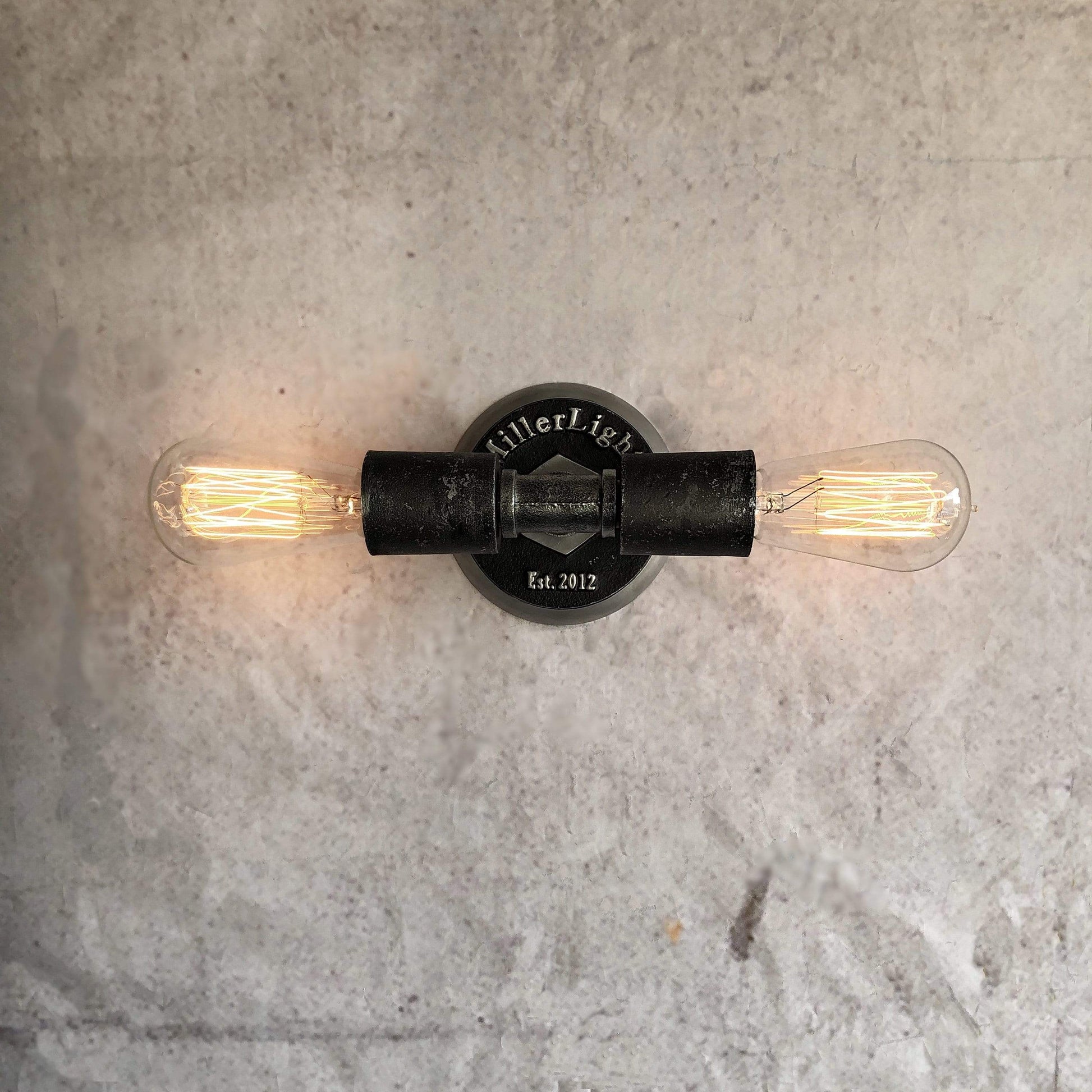 Minimalist Industrial Exposed Bulb, 2 light wall sconce- Grunge Black